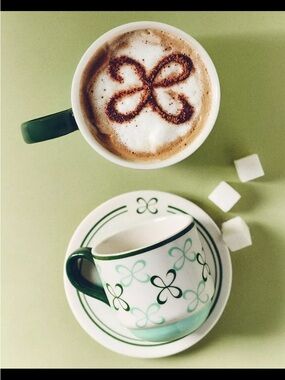 Anthropologie Green & White Stoneware Espresso Cup with Saucer